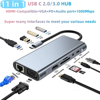 11 1 USBC HUB 4K Tüüp-C HDMI-ühilduvate VGA, Rj45 USB 3.0 PD 87W Adapter, Tüüp C 1000 Docking PC Macbook HUB USB-C Tüüpi