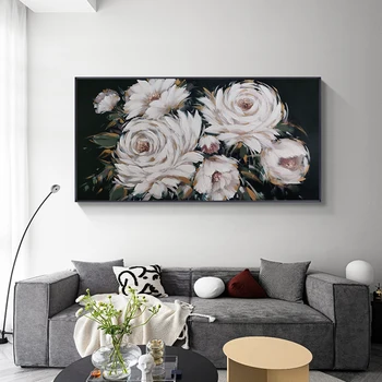 Abstraktne Valge Lilled, Rohelised Lehed, Õlimaal 100% Käsitsi Maalitud Lõuend Käsitöö Seina Kunst Elutuba Home Decor