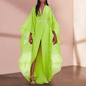 Kõrge Kvaliteediga Roheline Kaua Pool Kleit Naiste Elegantne V-kaeluse Ruffles Sifonki Plisseeritud Maxi Kleidid 2023 Suvel Boho Riided