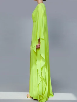 Kõrge Kvaliteediga Roheline Kaua Pool Kleit Naiste Elegantne V-kaeluse Ruffles Sifonki Plisseeritud Maxi Kleidid 2023 Suvel Boho Riided
