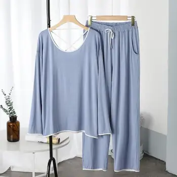 2021 Kevadel, Sügisel Uus Daamid Pidžaama Komplekt Mugavuse Tahked Värvi Naiste Sexy O-Kaeluse Homewear 2tk Pikk Varrukas+Püksid vabaajarõivaste Ülikond