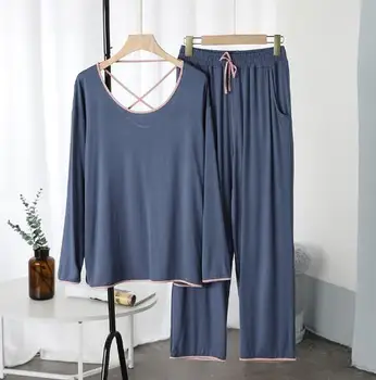2021 Kevadel, Sügisel Uus Daamid Pidžaama Komplekt Mugavuse Tahked Värvi Naiste Sexy O-Kaeluse Homewear 2tk Pikk Varrukas+Püksid vabaajarõivaste Ülikond